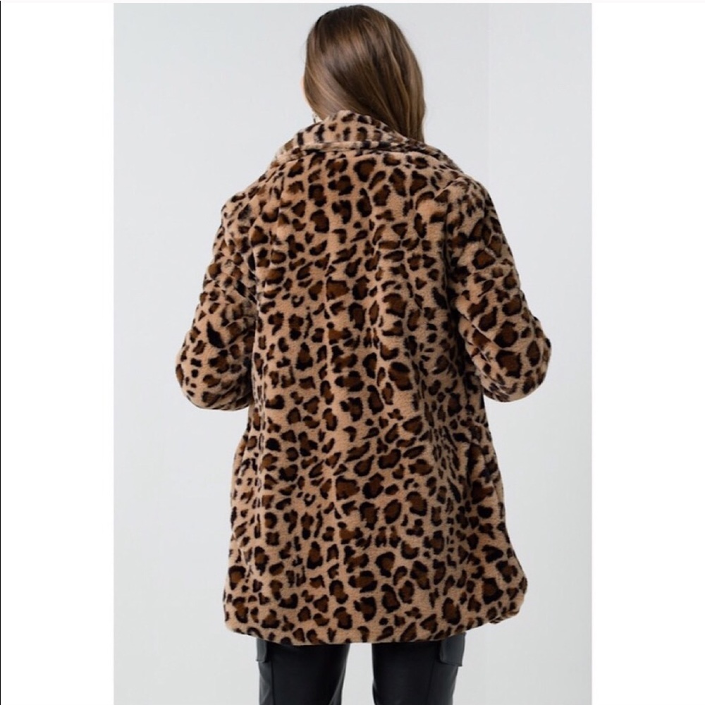 Leopard Print Notch Color Faux Fur Coat - Picture 5 of 8
